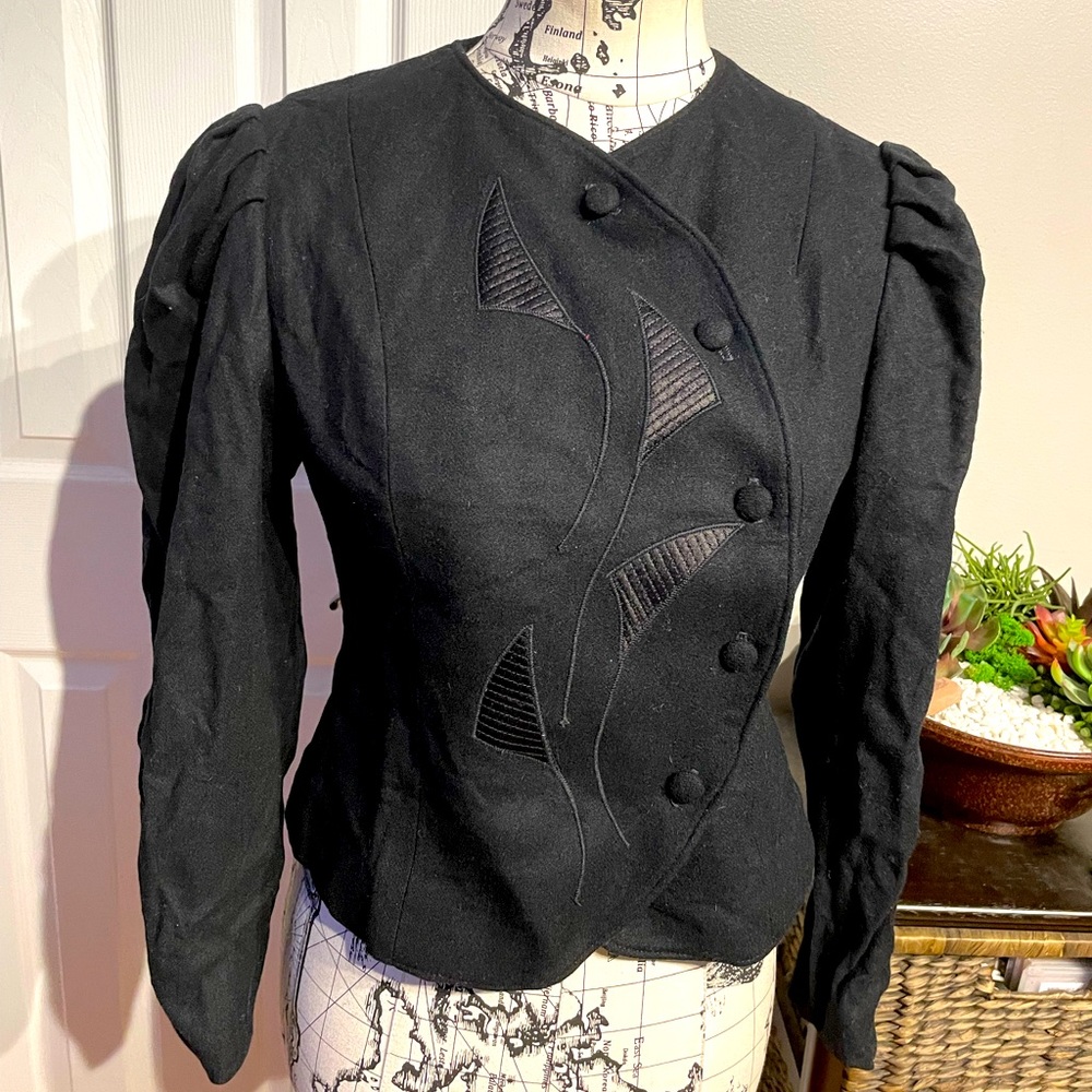Vintage Wool Norgail LTD NY Embroidery Asymmetric Button Puffy Poplin Sleeve
